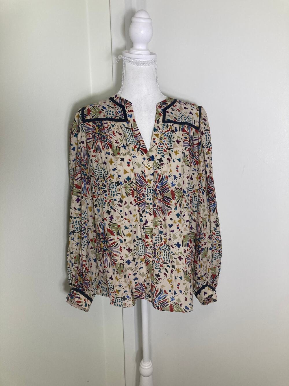 ba&sh Cream W Multi Color Floral/Heart Long Sleeve Shirt Sz 2
